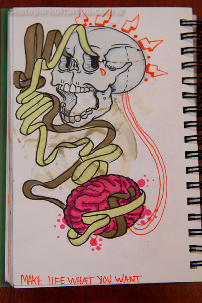 Fettuccine and electric skulls with brain meat
